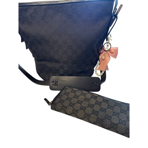 Gucci Vintage GG Canvas Tote & Wallet Set Black Monogram Leather Trim Authentic - Picture 8 of 15